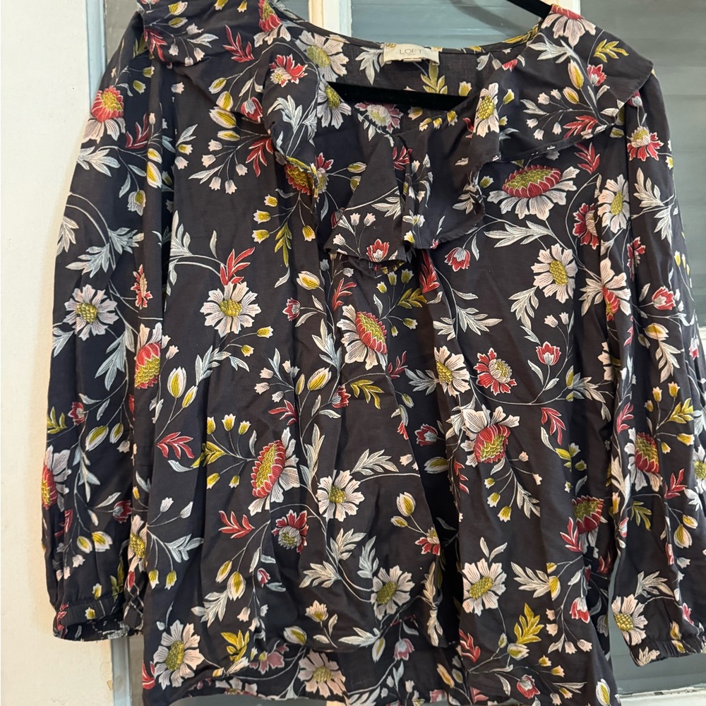 LOFT Black Blouse with Floral Design